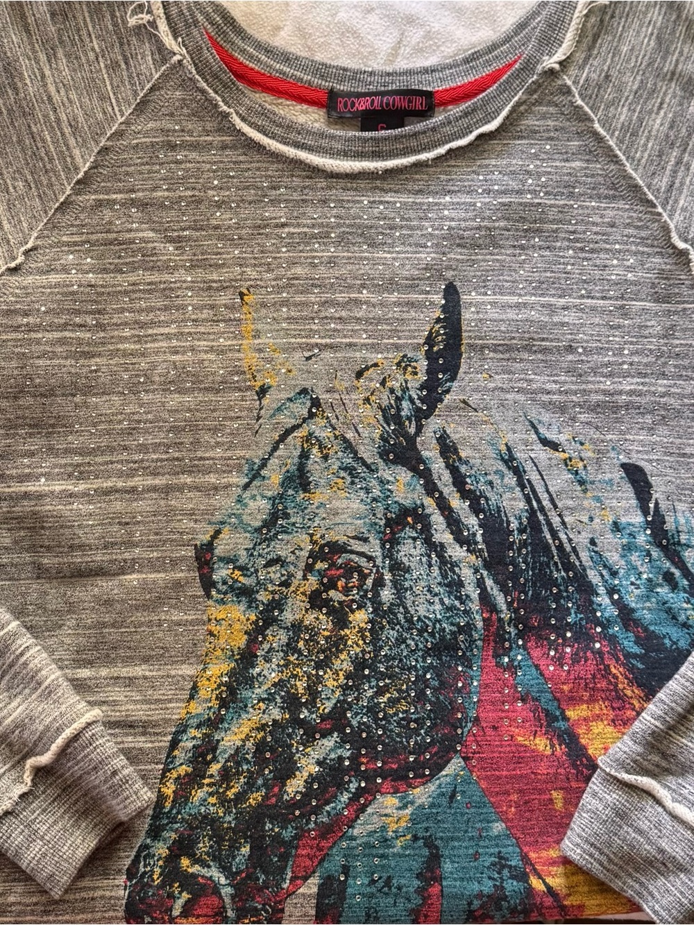 Rock & Roll Cowgirl Cozy Grey Sweatshirt with Multicolor Horse Graphic
